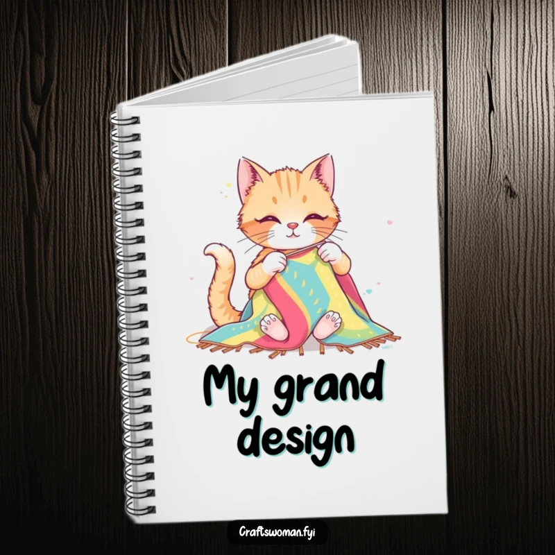 Funny notebook cover displaying a happy cat sewing a colorful fabric with large needles, perfect for recording sewing projects and creative ideas.