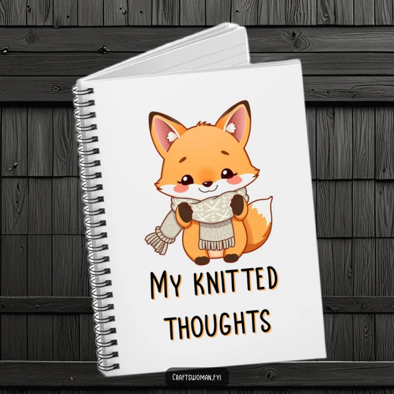 Funny notebook with a smiling fox proudly displaying a finished knitted scarf, perfect for pattern notes.