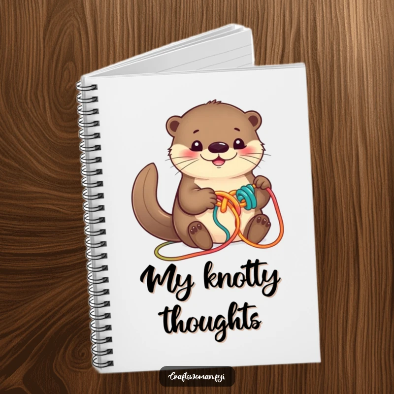 Funny otter notebook with a smiling face, busy knotting colorful yarn into a playful design, perfect for jotting notes.