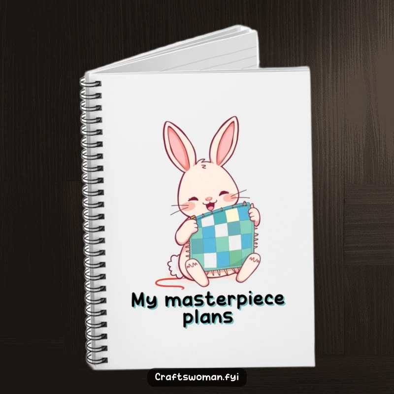 Funny notebook with a joyful rabbit character diligently stitching a tiny patchwork quilt, perfect for planning creative projects.