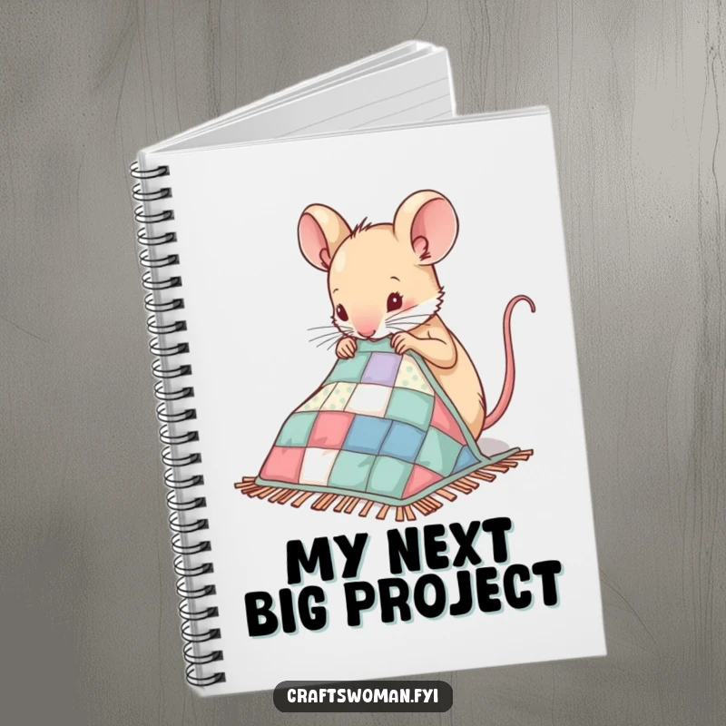 Funny Mouse Notebook featuring a nimble mouse sewing patches onto a miniature quilt, great for jotting down creative ideas.