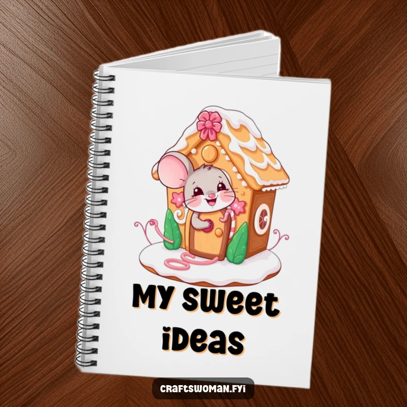 Funny mouse notebook featuring a giggling character decorating a gingerbread house, ideal for jotting down recipes and sweet thoughts.