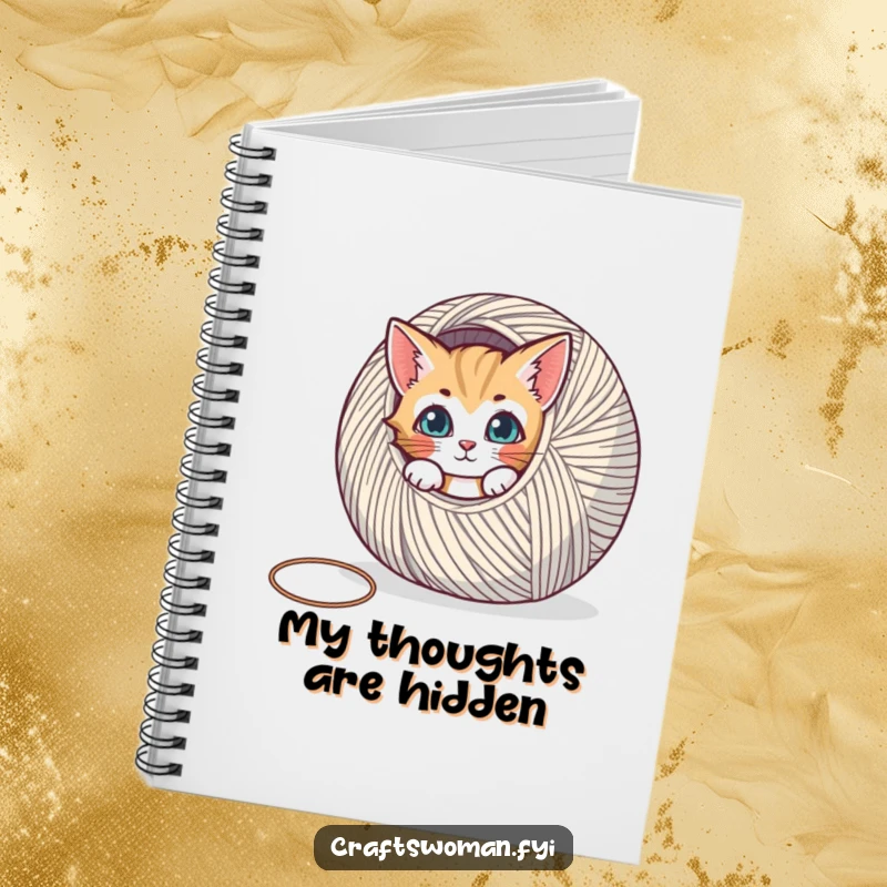 Funny notebook with a curious cat peeking out from behind a large spool of yarn, perfect for jotting down ideas.