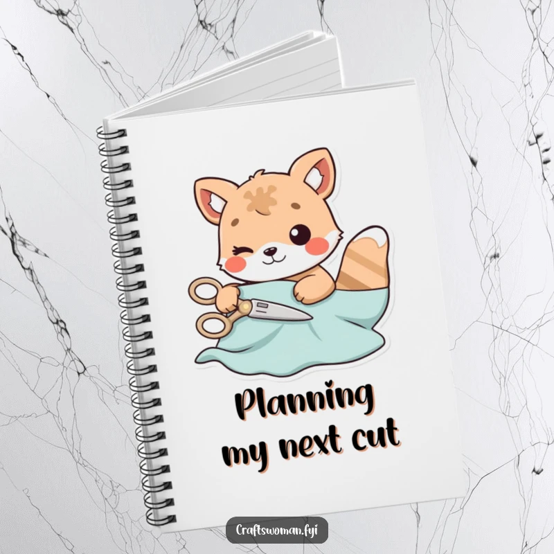 Funny notebook with an animal character carefully cutting material with playful scissors, ideal for planning sewing projects.