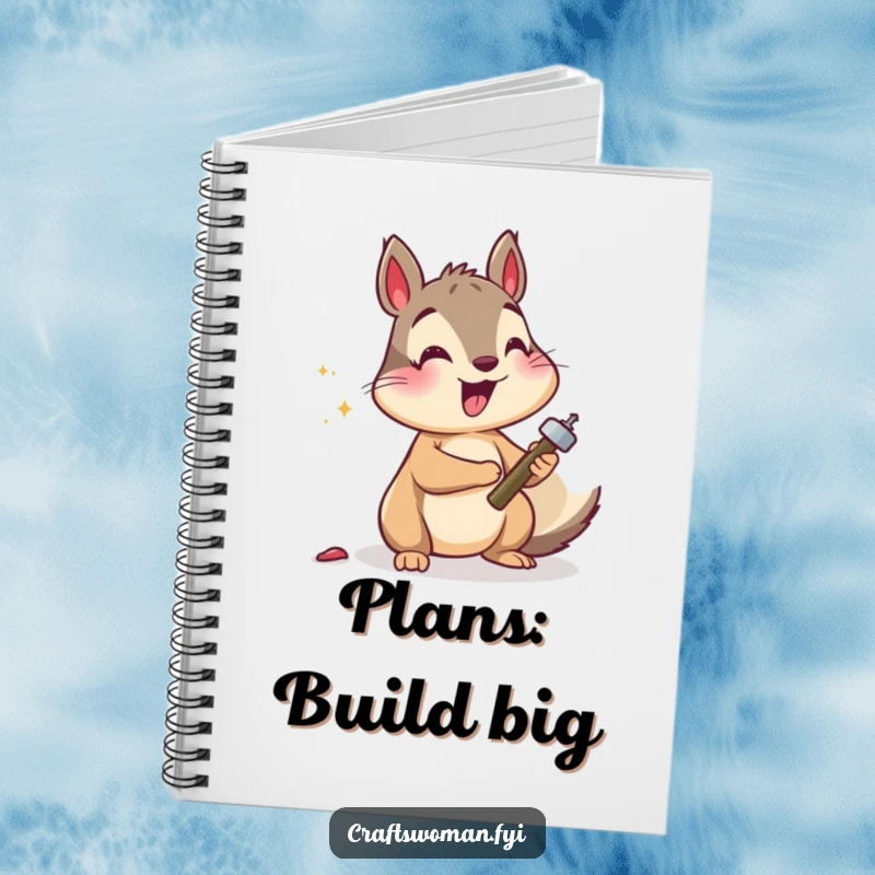 Funny squirrel notebook cover showing a happy squirrel hammering a tiny nail, great for jotting down notes and ideas.