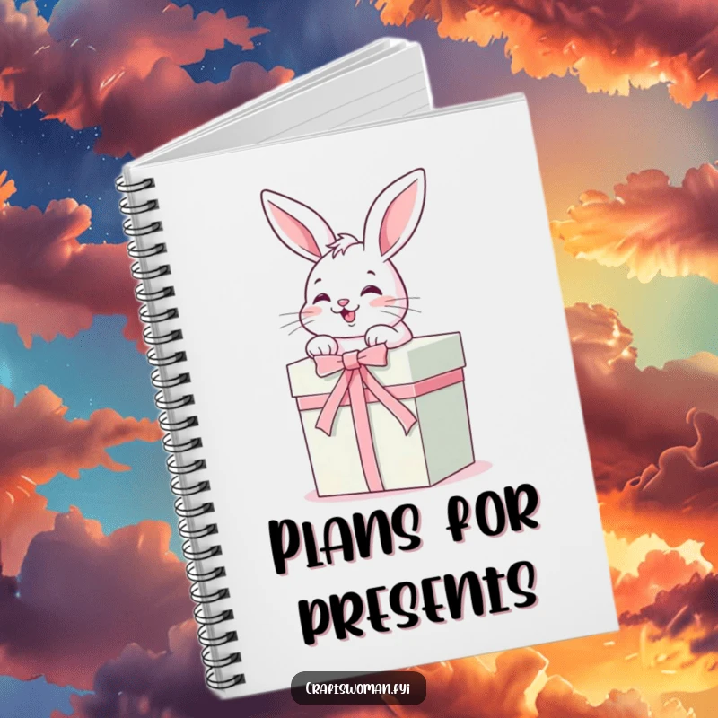 Funny Notebook: A giggling bunny is busy tying a ribbon around a beautiful gift box, perfect for jotting down gift ideas.