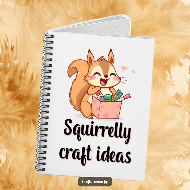 Funny notebook cover with a joyful squirrel character unwrapping a gift box filled with miniature craft supplies, inspiring creativity.