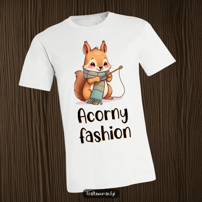 Funny T-Shirt depicting a cute squirrel character happily knitting a vibrant scarf using a large needle.