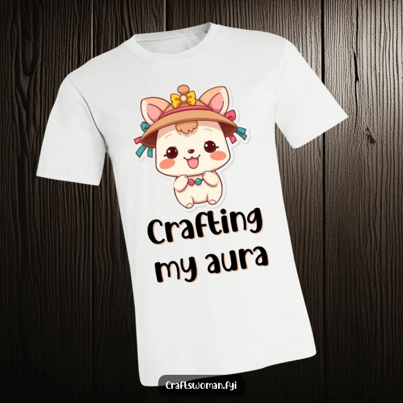 Funny Animal Hat Decorator T-Shirt: A smiling animal character is busy adorning a hat with vibrant ribbons and shiny beads, showcasing a love for arts and crafts.