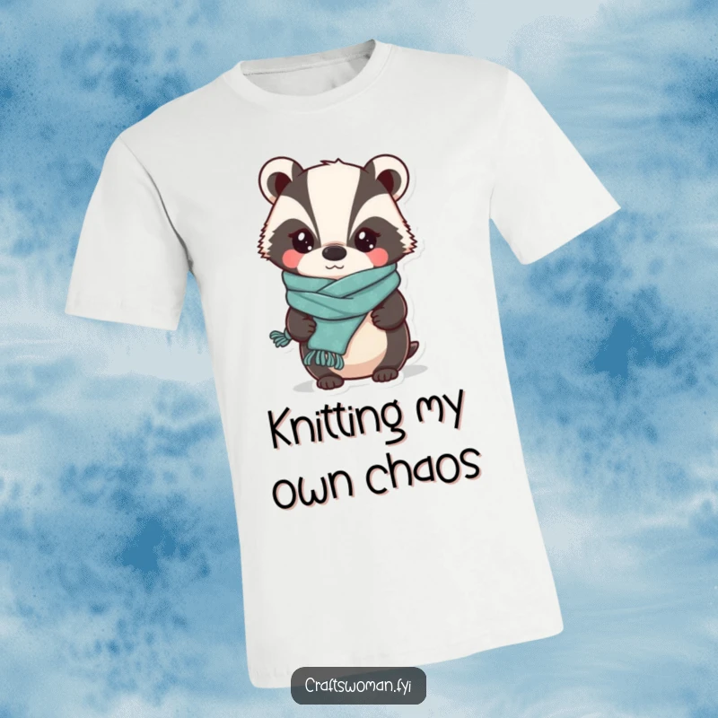 Funny Badger Knitter T-Shirt: A Whimsical Badger Proudly Displaying a Slightly Lopsided Knitted Scarf, Great for Knitters.