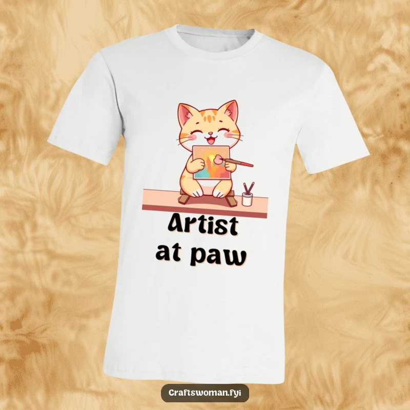 Funny T-Shirt: A happy cat artist enthusiastically paints a vibrant masterpiece on a mini canvas with a brush, radiating creative bliss.