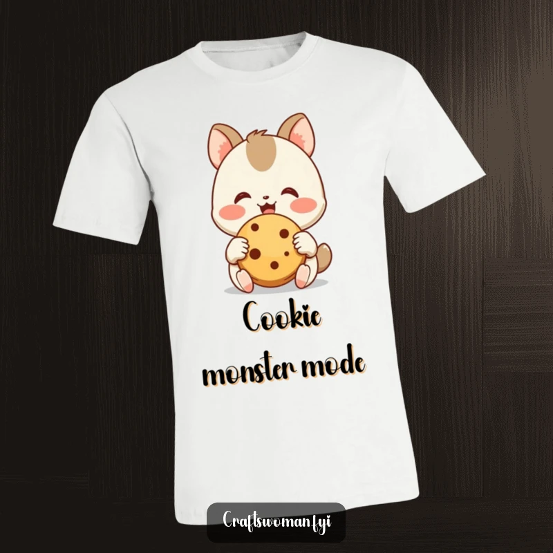 Funny Cookie Fan T-Shirt: A joyful animal character happily admires a freshly baked cookie, with its little hands expressing pure contentment and joy.