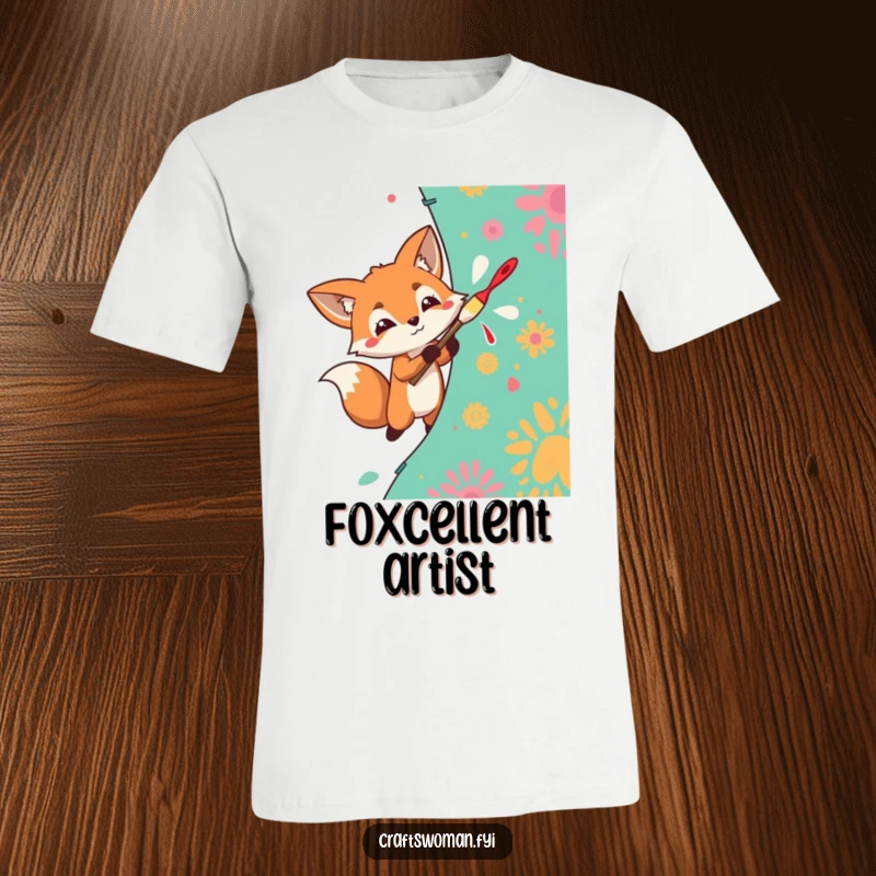 Funny T-Shirt depicting a determined fox enthusiastically painting a vibrant pattern onto a piece of fabric.