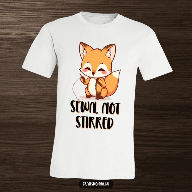 Funny fox attempting to sew a ripped seam with a needle and thread on a t-shirt, showcasing dedication and humor.