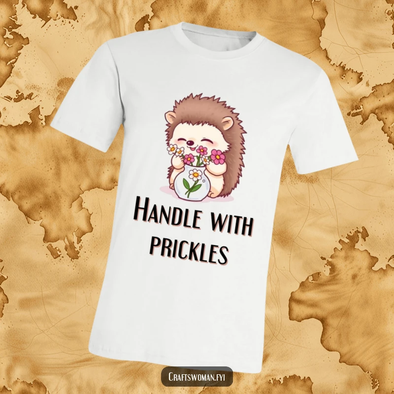 Funny giggling hedgehog delicately arranging flowers in a tiny vase on a t-shirt, showcasing floral whimsy.