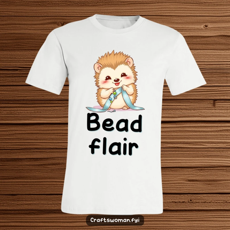 Funny t-shirt of a delighted hedgehog carefully sewing shiny beads onto a ribbon, celebrating intricate crafts.