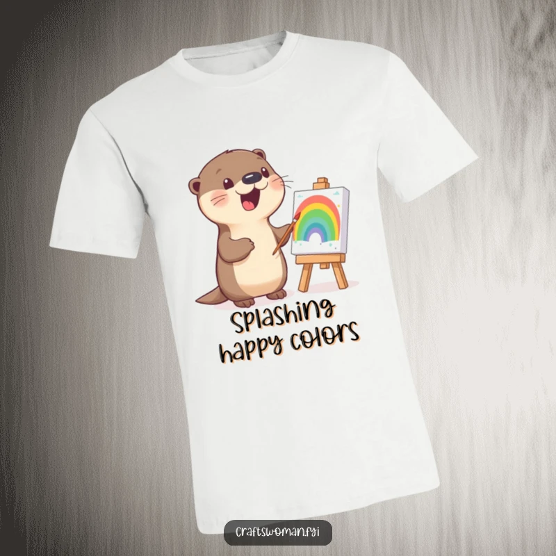 Funny otter t-shirt graphic of a smiling otter joyfully painting a rainbow on a canvas, celebrating creativity.