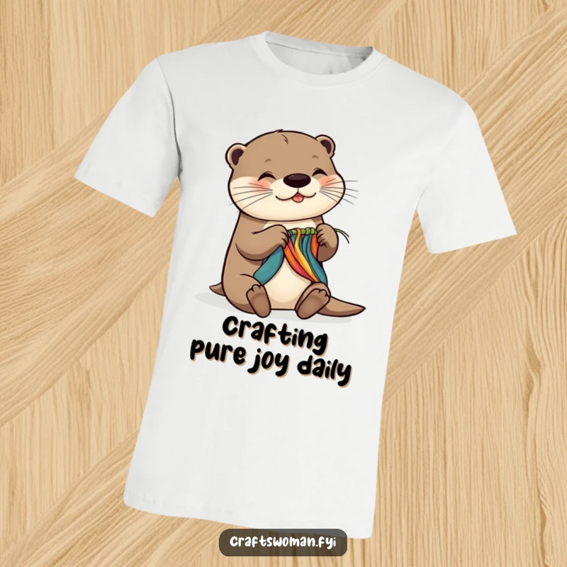 Funny t-shirt with a happy otter gleefully weaving colorful fabric with expert dexterity, radiating pure creative energy and delight.
