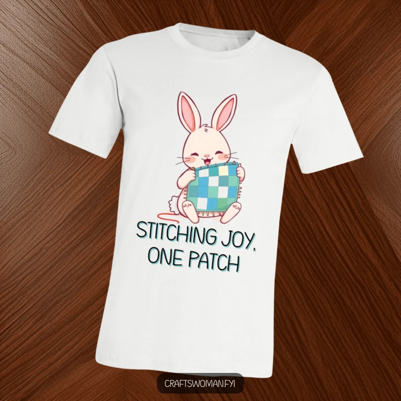 Funny t-shirt with a joyful rabbit character diligently stitching a tiny patchwork quilt, a humorous gift for quilters.