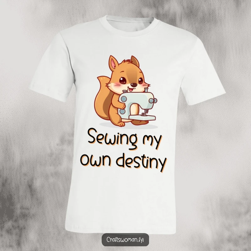 Funny t-shirt featuring a determined squirrel happily pushing a tiny sewing machine with great enthusiasm.
