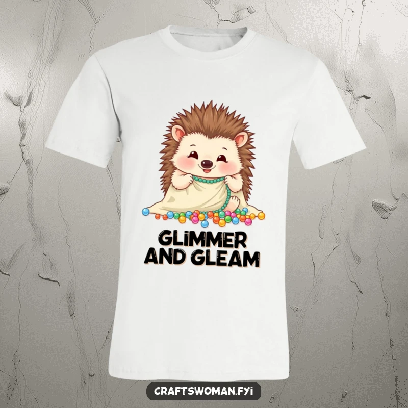 Funny hedgehog t-shirt featuring a cheerful hedgehog carefully arranging sparkling beads onto a piece of cloth, a tiny artist.
