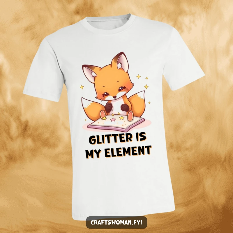Funny fox t-shirt graphic of a playful fox carefully gluing glitter stars onto a project, showcasing its creative focus.