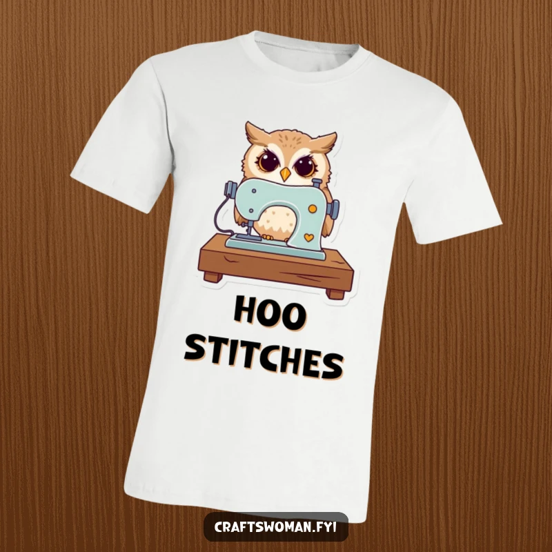 Funny t-shirt of a curious owl expertly operating a miniature sewing machine, looking focused and skilled.
