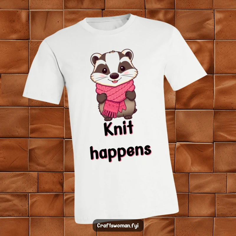 Funny t-shirt of a smiling badger proudly holding a brightly colored, handmade knitted scarf, ideal for knitters.