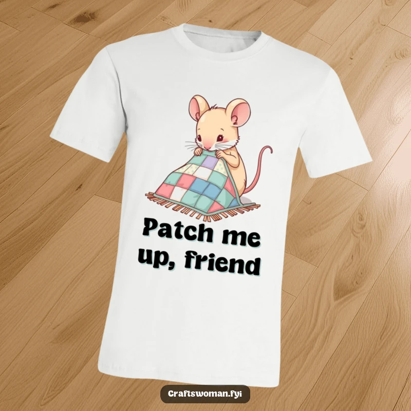 Funny Mouse T-Shirt depicting a nimble mouse meticulously sewing patches onto a miniature quilt, ideal for craft lovers.