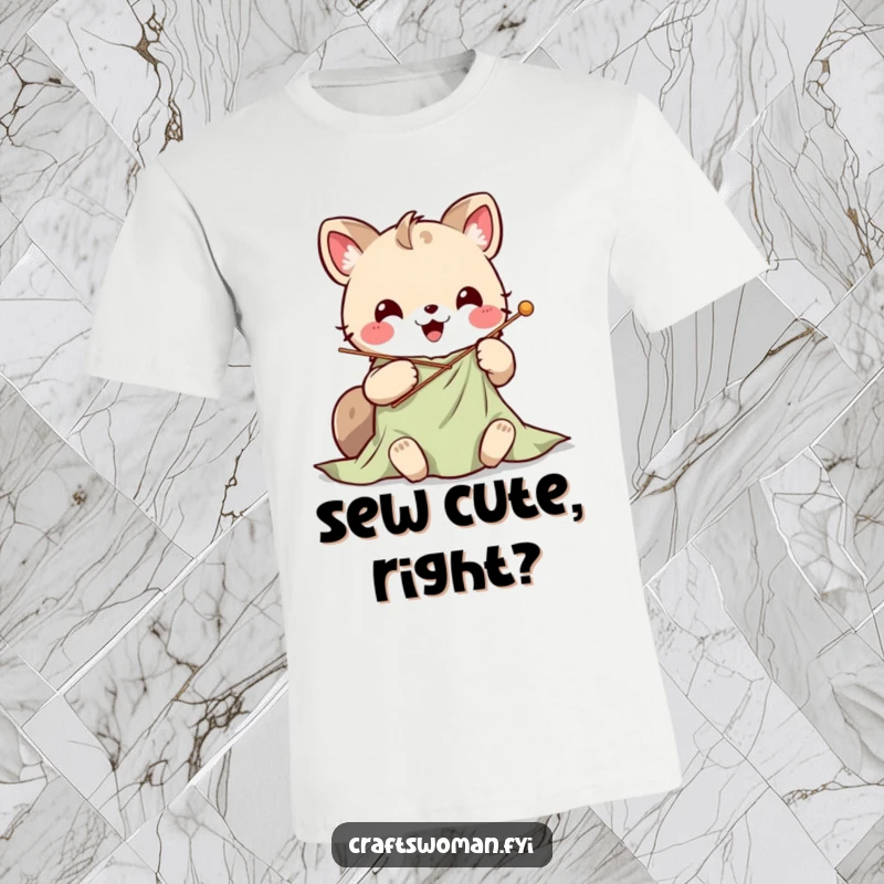 Cute Kawaii animal character excitedly stitching vibrant fabric with a large needle, on a cheerful graphic t-shirt.