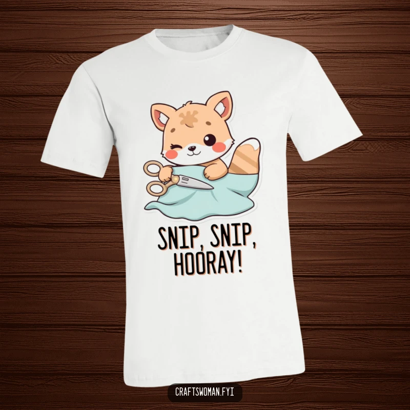 Funny t-shirt depicting an animal character attentively cutting a piece of material with a pair of small, playful scissors.