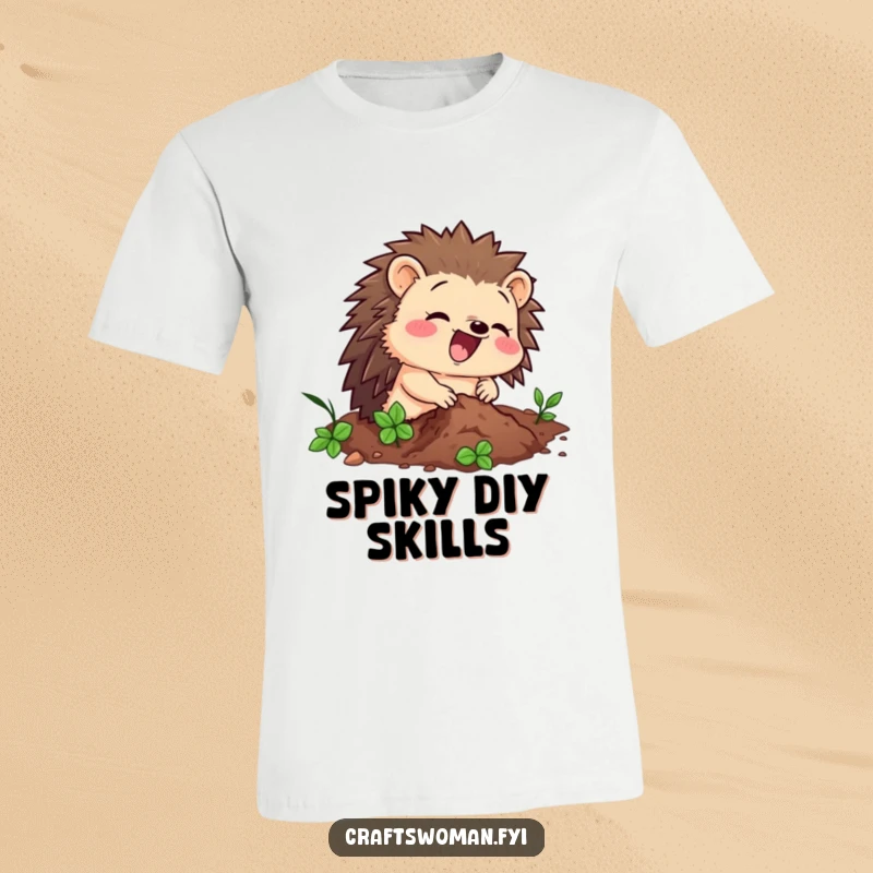 Funny t-shirt with a delighted hedgehog character enthusiastically hammering a tiny nail, a humorous gift for DIYers.