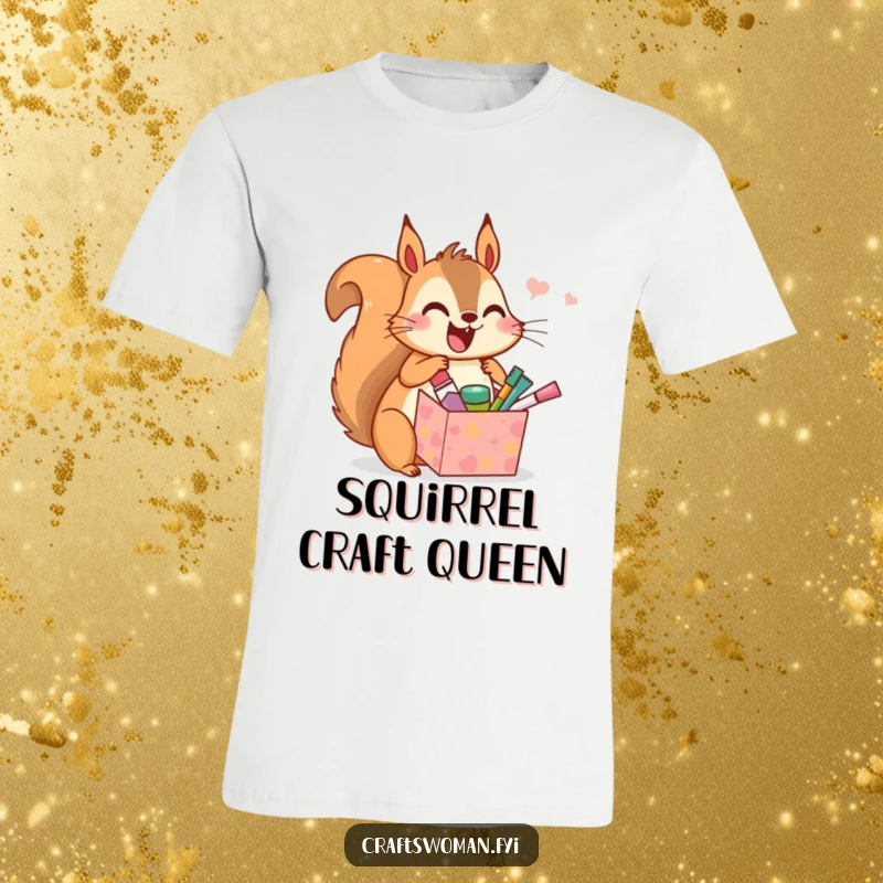 Funny t-shirt displaying a happy squirrel opening a present full of tiny crafting tools, expressing immense joy and artistic anticipation.