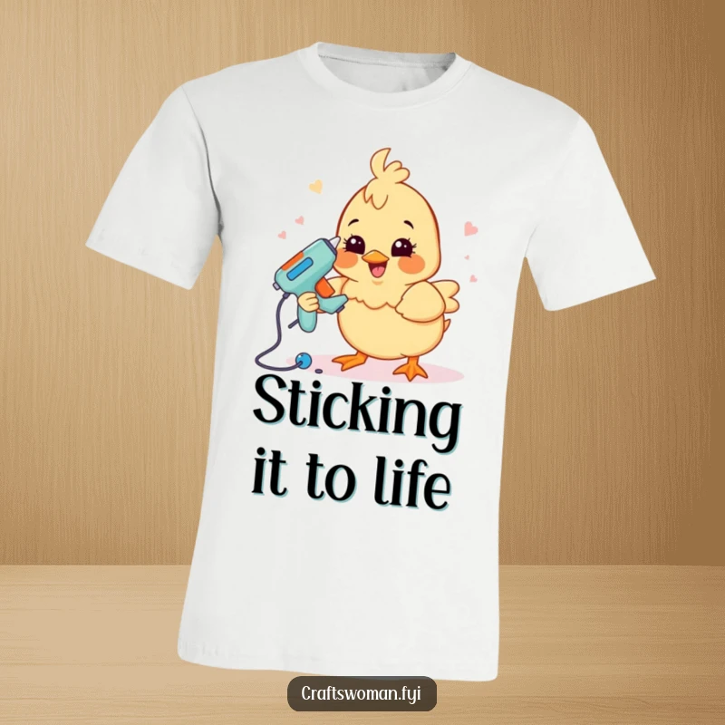 Funny crafting chick t-shirt showing a happy chick with a grin using a glue gun to assemble a project.