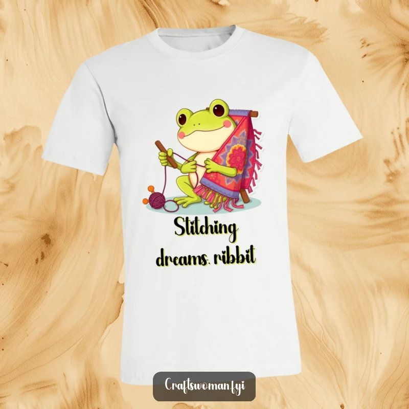 Funny T-Shirt: Cheerful frog character gleefully stitching a colorful and intricate tapestry, showcasing artistic talent.