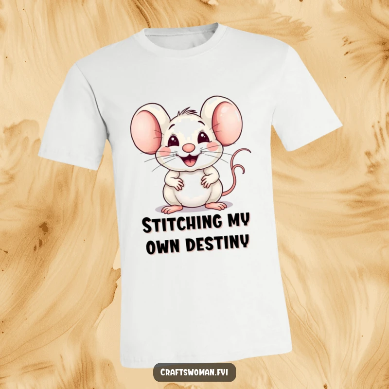 Funny Mouse Weaver T-Shirt: A Joyful Mouse Expertly Weaving Fabric with a Big Proud Smile, Great for Sewers.
