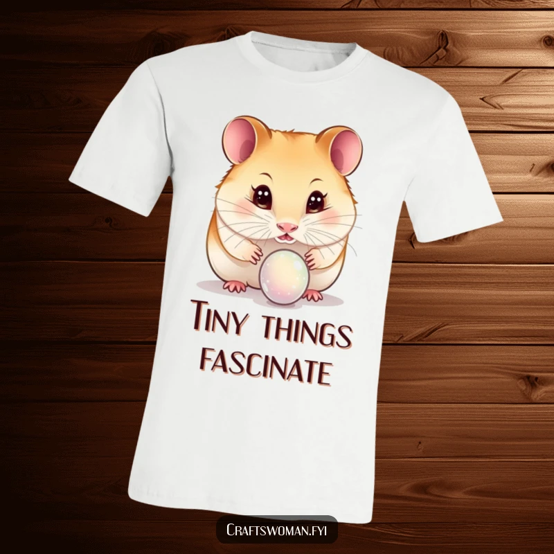 Funny hamster t-shirt featuring a curious hamster with sparkling, wide eyes examining a delicate bead with intense focus.