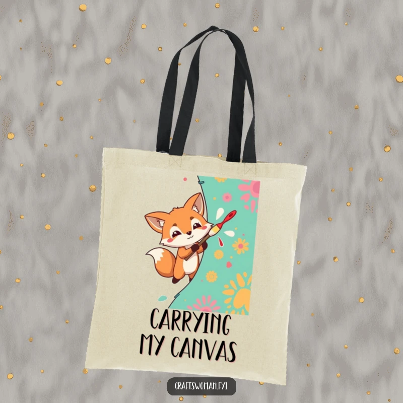 Funny Tote Bag of a determined fox enthusiastically painting a vibrant pattern onto fabric, for art lovers.