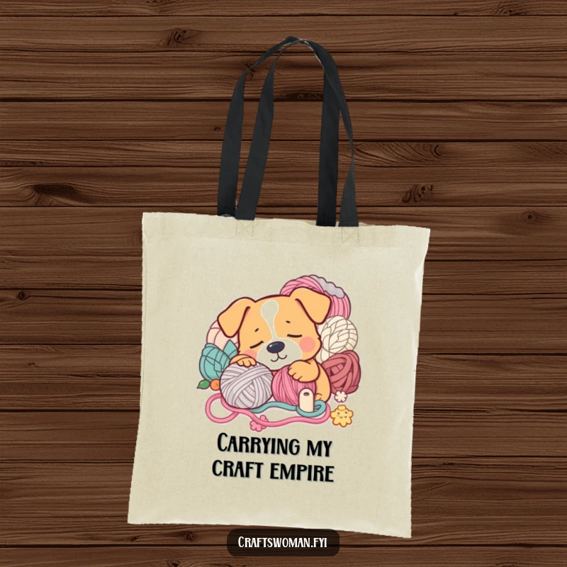 Funny Tote Bag: A sleepy dog snoozing next to yarn and craft supplies, a humorous accessory for crafters.