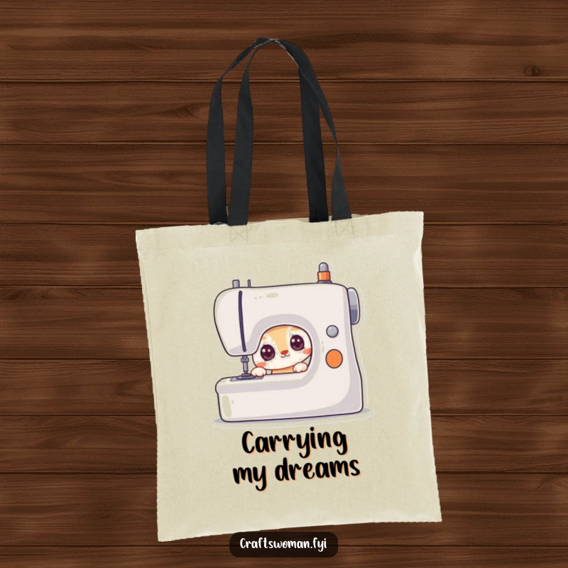 Funny tote bag showcasing a curious animal character with wide, eager eyes looking at a sewing machine, ready for sewing adventures.