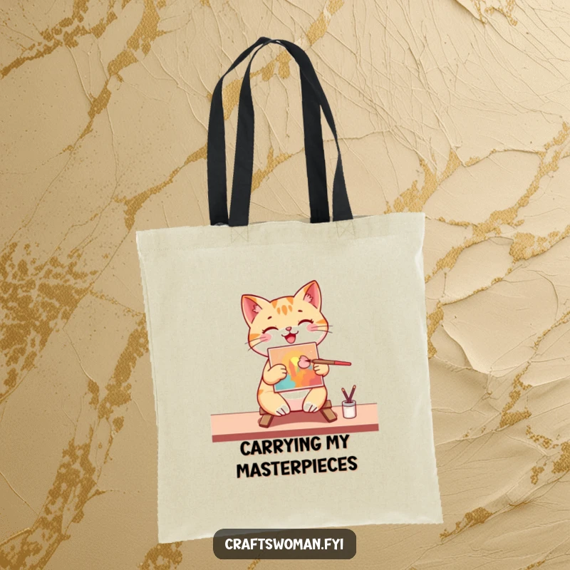 Funny Tote Bag: A cheerful cat enthusiastically paints a vibrant, colorful picture on a small canvas, brush in paw looking artistic.