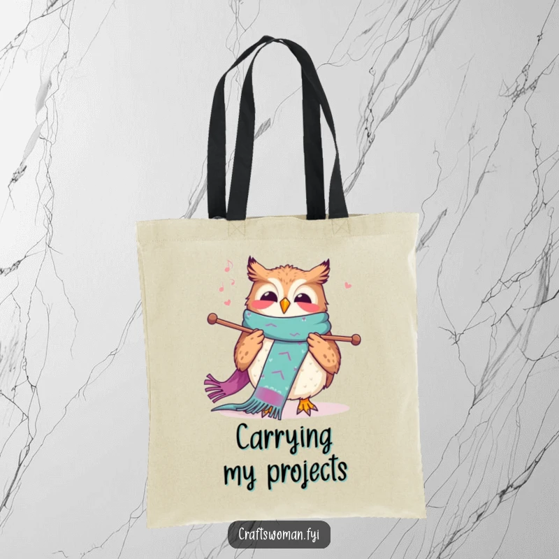 Funny knitting owl tote bag depicting a joyful owl humming while knitting a long, colorful scarf, ideal for crafters.