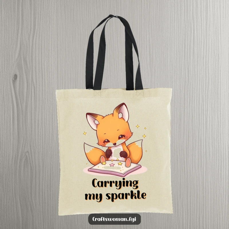 Funny fox tote bag illustrating a playful fox carefully gluing glitter stars onto a project, perfect for craft supplies.