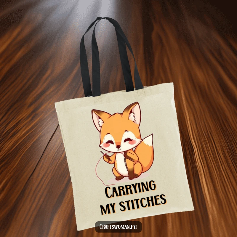 Funny fox using a needle and thread to sew a ripped seam on a durable tote bag, a humorous accessory.