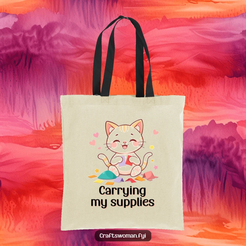 Funny cat tote bag featuring a beaming cat character happily cutting precise shapes from colorful paper, perfect for supplies.