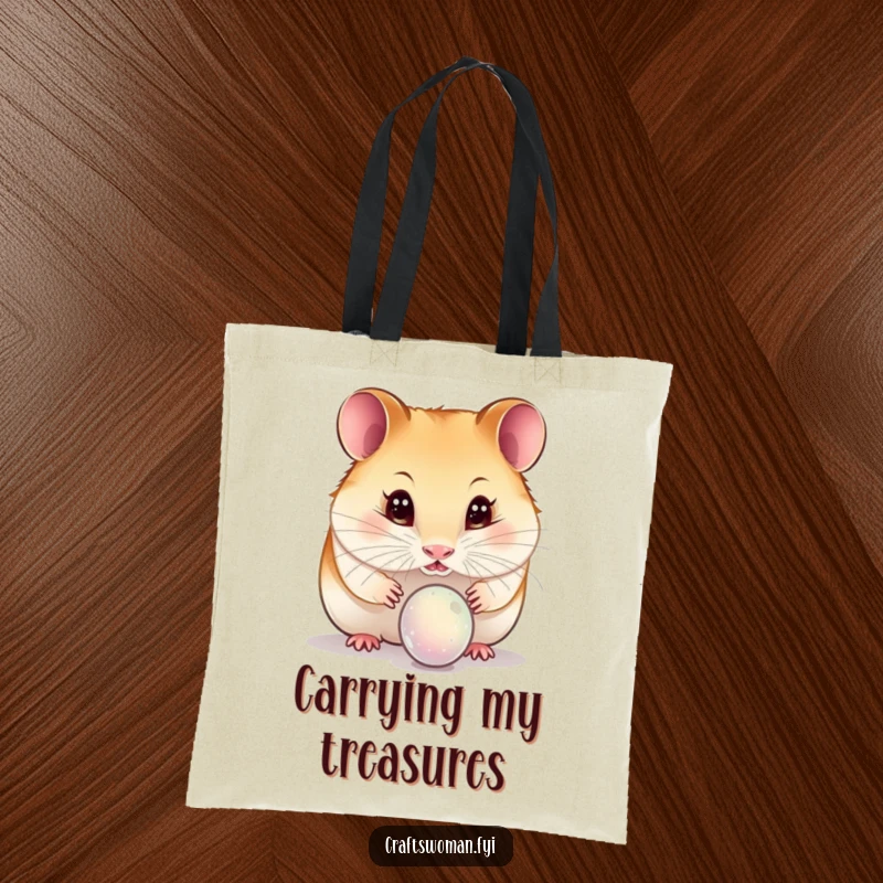 Funny hamster tote bag depicting a curious hamster with wide, sparkling eyes inspecting a delicate bead, perfect for everyday use.