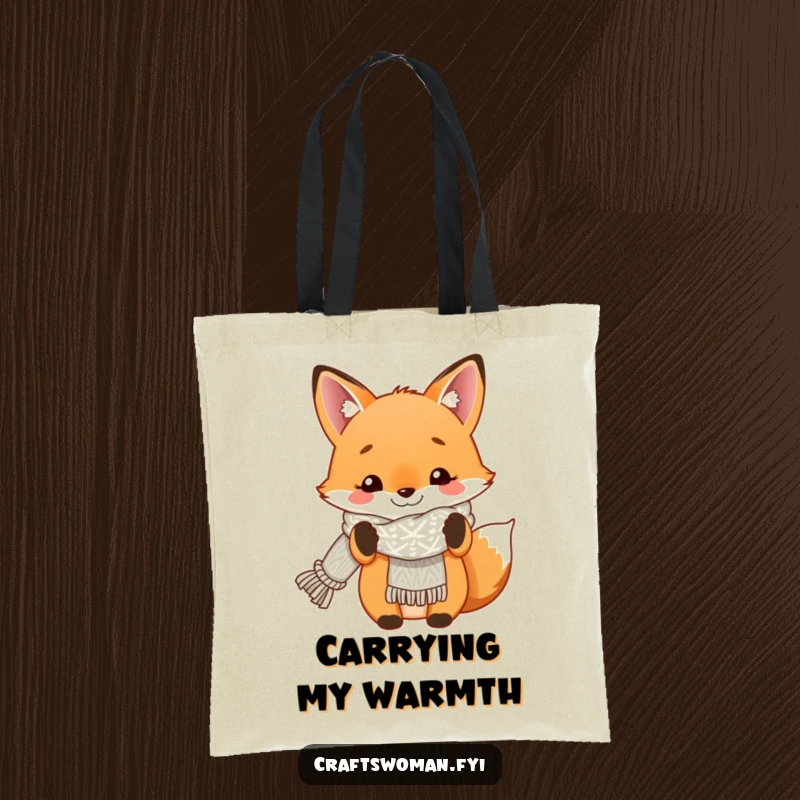 Funny tote bag featuring a smiling fox proudly displaying a finished knitted scarf, perfect for carrying yarn.