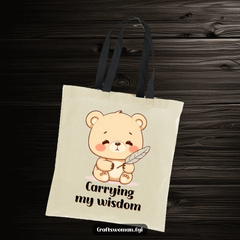 Funny bear tote bag featuring a contented character writing with a feather quill, perfect for carrying books and inspiration.