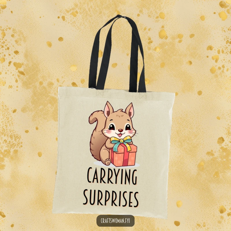 Funny squirrel gift wrapper tote bag, a cute squirrel excitedly wrapping a present with colorful ribbon and a bow, stylish and humorous accessory.