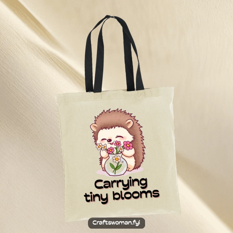 Funny giggling hedgehog arranging flowers in a tiny vase on a durable tote bag, a charming natural accessory.